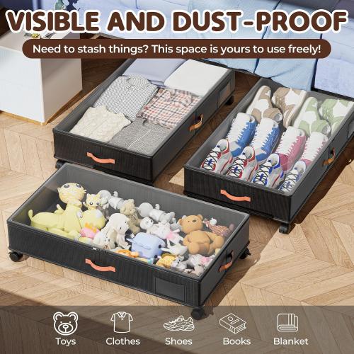 Under Bed Storage with Wheels 2-Pack, Under Bed Storage Containers 66L Clear Lids, Rolling Storage Drawers for Clothes Shoes Blankets, Underbed Organizer Bins(32 L x 17.3 W x 7.2 H)