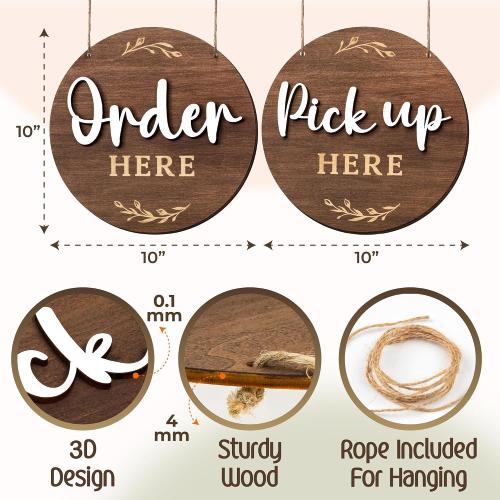 Woodamore Order Here Pick Up Here Signs, 2 Pack 10 in Round Wood for Cafes