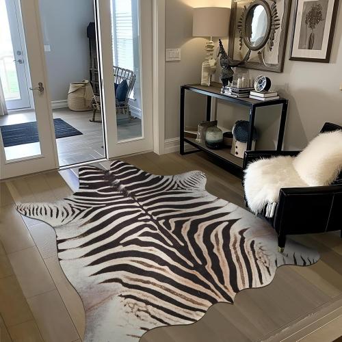jinchan Zebra Print Area Rug Faux Skin Cowhide Animal Design Mat Faux Suede Indoor Floorcover for Bedroom Living Room 5x6 Safari Design
