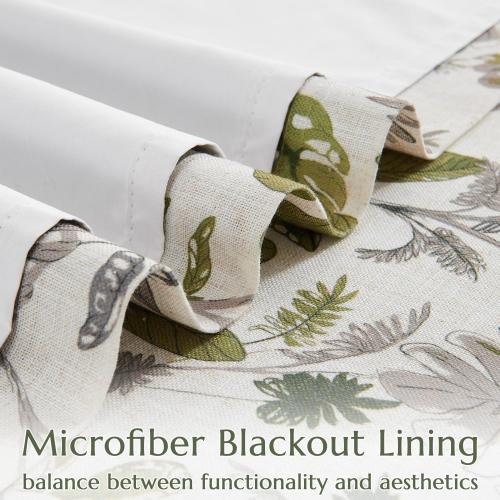 jinchan 100% Blackout Curtains for Bedroom 96 Inches Length Linen Curtains Tropical Green Leaf Print Botanical Window Treatment with Lining for Living Room Farmhouse Country Drapes Set 2 Panels