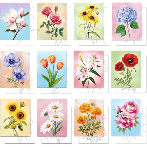 GLASSWINDS 12 Pcs Pre Drawn Canvas to Paint for Adults, 8 X 10 Inch Pre Printed Canvases for Painting, Prepare Printed Canvas Set Sip and Paint Kit for Paints Party Favors(Flower)