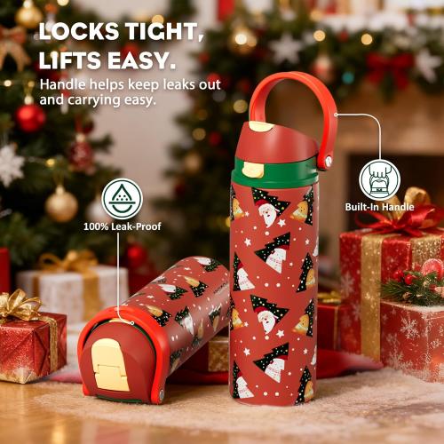 POWCAN 24 oz Christmas Insulated Water Bottle: 2-in-1 Push-Button Spout & Quick-Flip Straw, Leakproof, Car Cupholder Friendly, Stainless Steel Water Bottle for Gift, Sports, Travel (Santa Parade)