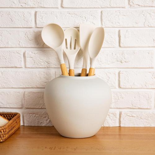 Ceramic Vase Matte White with a Rustic Texture, Flower Modern Trendy Minimalist Utensil Holder Farmhouse Round Vintage vase Bookshelf Dining Table Coffee Table Decor, Size 7 (18cm) 1 Pack