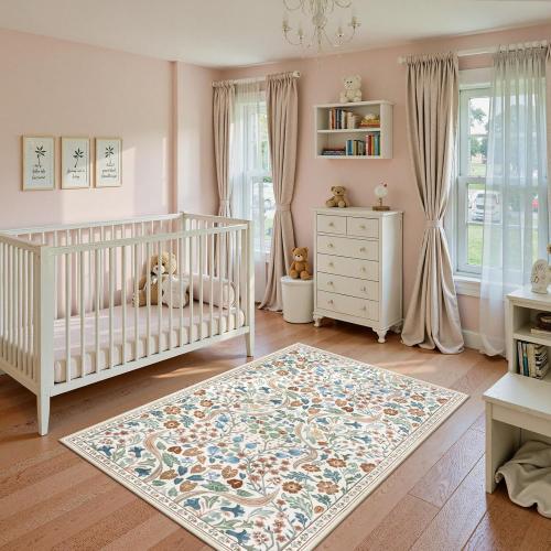 Lahome Floral 3x5 Beige Nursery Rug, Non-Slip Washable Area Rugs for Dorm Bedside Entryway, Botanical Soft Boho Carpet for Kids Room, Entrance Indoor