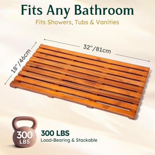 Teak Bath Mat 32x18 Extra Large - Solid Wood Shower Mat for Bathroom, Spa & Outdoor Use - Non-Slip Fast-Drying Design - Natural Teak Wood - Wide Slat Floor Mat for Tub & Pool