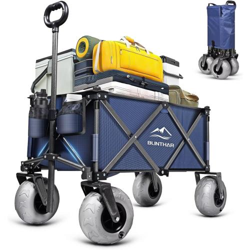 Beach Wagon with Big Wheels for Sand, Heavy Duty Collapsible Folding Wagon with All-Terrain 9 Pneumatic Tires & Drink Holders, Utility Wagon for Garden Sports Camping Outdoor Activities