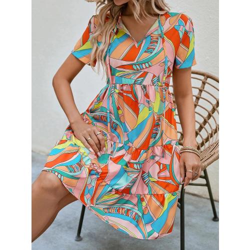 Size L/XL MUSUMI Women's Dress Allover Print Tie Neck Ruffle Hem Dress Beahala (Color : Orange,