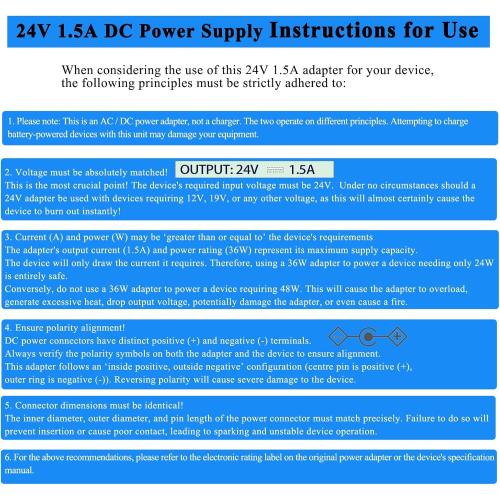 TKDY 24V 1.5A DC Power Supply Cord, fit for DC 24V 1.5A 1A 0.5A LED Light Strip, 24 Volt Light Diffuser, and More, 100-240V 50/60hz 36W 24W Power Adapter with 5 Tips (Not for Charging).