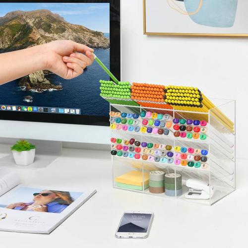 Marbrasse Clear Pen Organizer Storage, Acrylic Desk Organizer with 12 Compartments, Pen Holder for Desk, Desktop Art Organizer for Office School Art Supplies