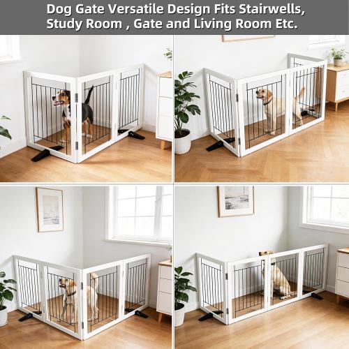 ZJSF Freestanding Dog Gate Indoor, Foldable Dog Fence for Doorways,Hallways or Stairs, Sturdy Wood Extra Wide Pet Gate with Support Feet,White,32 Height-3 Panels