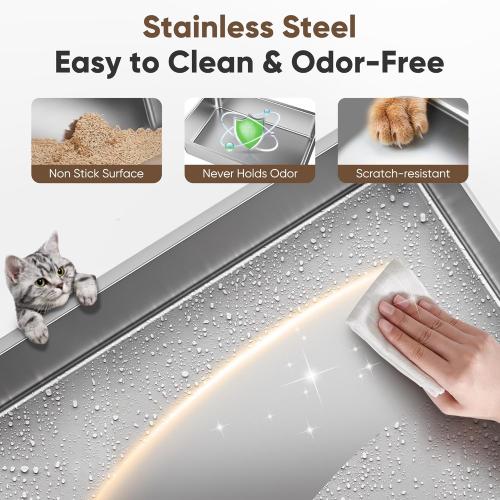 16 High Sides Stainless Steel Litter Box with Lid, XL XXL Extra Large Enclosed Metal Litter Box for Big Cats & Kitty, Never Absorbs Odors, Non-Sticky, Anti-Urine Leakage, Easy Cleaning