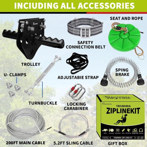 150/180/200 Feet Zip Line Kit for Kids and Adult Up to 330 lb - Updated Removable Design Trolley and Thickened Seat Rust Proof W/Safety Harness - Zipline Kits for Backyard