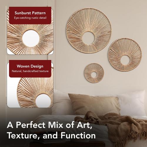 American Art Decor Round Paper Rope Wall Decor Set of 3, Natural - Boho Wall Art, Farmhouse Basket Style