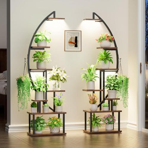 BACEKOLL Plant Stand with Grow Lights 2 Pack Tall Indoor Plant Shelf 64 | 7-Tier 2 Pack 64 Plant Stands, Grow Lights Dual-Head, 14 Potted Stands   2 Hangers, Half-Moon, Iron Frame, for Patio, Black