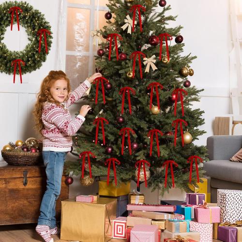 24 PCS Velvet Christmas Tree Bows，Christmas Wreath Bows,Rustic Crafts Gift Bows for Christmas Tree Indoor Outdoor Decoration(3/8'' Wide, 5 * 7 inch) (Red)