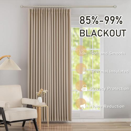 DONREN Sand 60 inch Wide Pinch Pleated Blackout Curtains with Hooks - 95 inch Length Room Darkening Thermal Insulated Window Curtain Panels for Patio Sliding Glass Door,Pack of 2