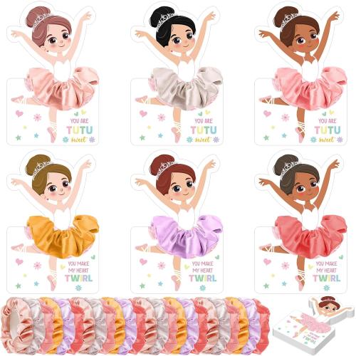 54 Sets Valentines Day Gifts for Kids Ballerina Cards with Hair Scrunchies Bulk Valentines Exchange Gifts for Classroom Ballet Recital Gift for Goodie Bag Stuffers Birthday Party Favors(Tutu)