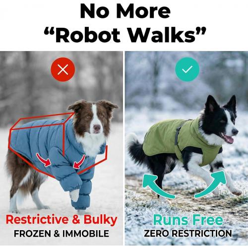 Dog Winter Puffer Coat, Water-Repellent (Green, Medium) | Breathable mesh lining with fur-safe buckle, leash hole, reflective strips and anti-slip leg straps