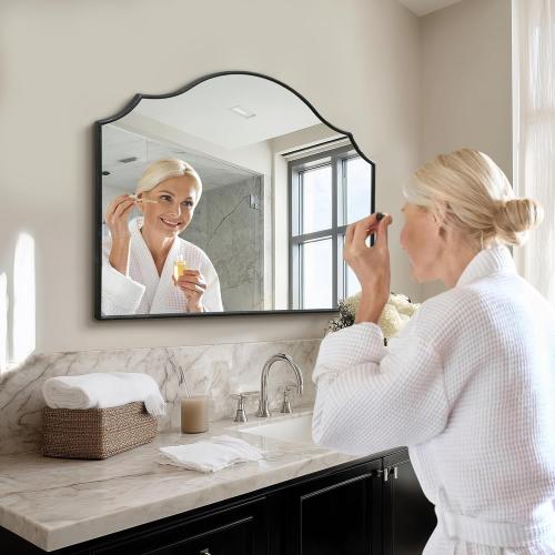 Besdomus Scalloped Arched Mirror for Mantel: 35x26 Black Modern Wooden Wall Mirror - Minimalist Decorative Dresser for Vanity/Bathroom/Bedroom/Fireplace/Living Room/Entryway - Stylish Home Decor