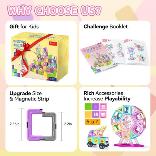 165 PCS Magnetic Tiles Set, Magnet Building Blocks Set with Car, Alphabet Card, and Ferris Wheel for Kids, STEM Educational Montessori Toy for 3 4 5 6 7 8   Year Old Boys Girls Toddlers Birthday Gifts