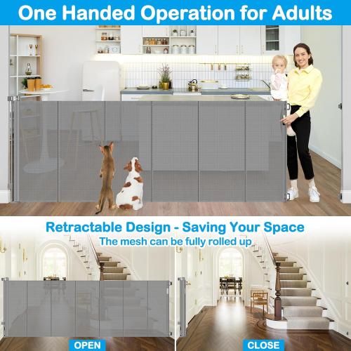 Reinforced 42 Extra Tall X 120 Extra Wide Retractable Dog Gate for Doorways Wide Pet Gate Indoor Prevent Kid/Pet Jumping Over Tall Retractable Baby Gates for Dogs Outdoor Dog Gates for Doorways,Gray