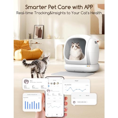 Size 75L  Automatic Cat Litter Box, Large Opening Self Cleaning Litter Box with Safety Protection for Multiple Cats, App Control, Odor-Free, 75L Space