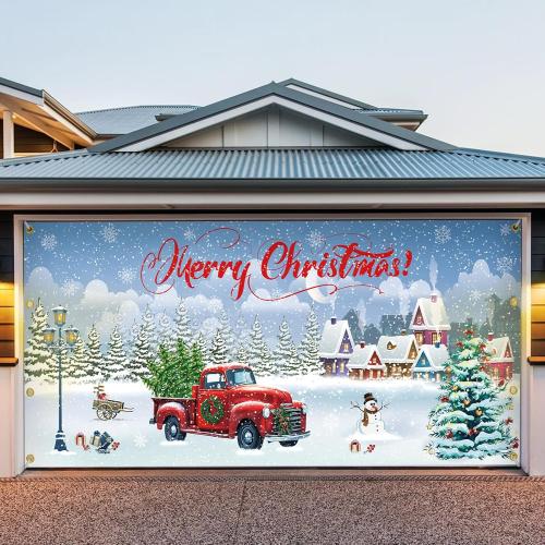 7x16 ft Christmas Garage Door Banner, 2025 Holiday Garage Door Decoration, Large Door Cover with Festive Design, Outdoor Xmas Banner, Merry Christmas Mural (Blue-2)