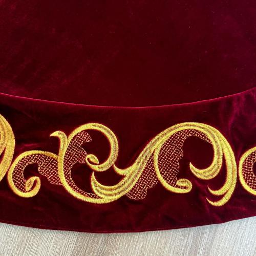 70 Inch Velvet Christmas Tree Skirt with Golden Swirl Embroidery and Lace Tie Closures, Burgundy