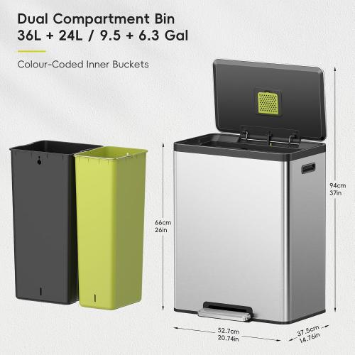 EKO EcoCasa II 36L 24L Dual Trash Can with Recycle Bin, Stainless Steel Garbage Can with Lid, Deodorizer Compartment, Odor-Proof and Fingerprint Resistant