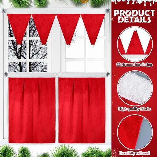 Christmas Kitchen Curtains Valances Set 3pcs Red Kitchen Window Curtains Valances Santa Hats Short Window Drapes Rod Pocket Cafe Tier Curtain Panels for Bathroom Home Living Room Xmas Decorations
