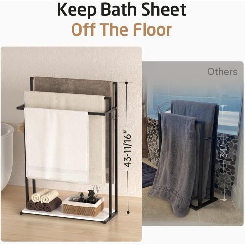 KES 44” Extra Large Free Standing Towel Racks for Bathroom, 3 Tiers Blanket Rack, Blanket Holder for Living Room with Weighted Marble Shelf & 4 Hooks, Black, BTH504-BK