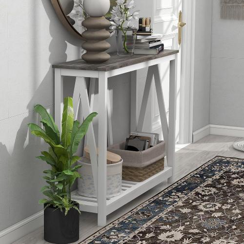 Farmhouse Console Table for Entryway, 39.3 Inch Sofa Table with Storage Shelf, Hallway Table, Narrow Behind Couch Table for Foyer, Living Room，Oak Grey