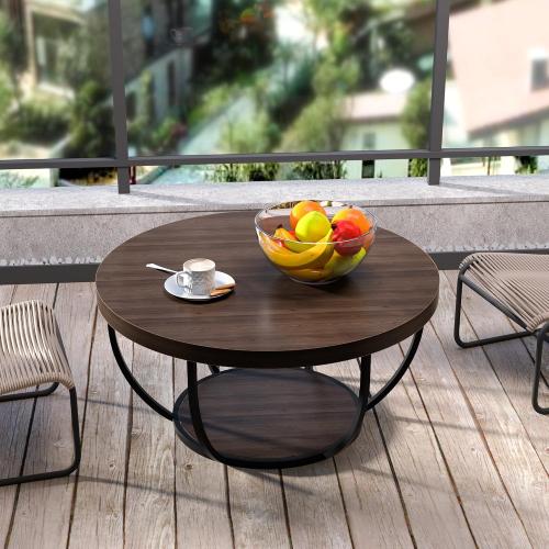 Round Coffee Table, 31 Coffee Table for Living Room Decor, 2-Tier Storage with Steel Frame, Space-Saving Wood Center Table, Modern Style Easy Assembly (Dark Coffee)