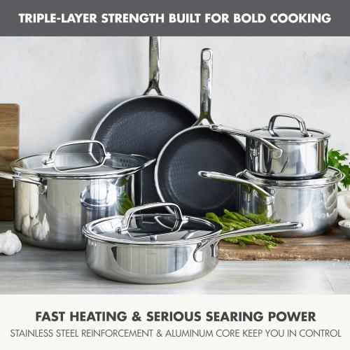 GreenPan Spectra 11 Piece Cookware Set,Hybrid Tri-Ply Stainless Steel, PFAS-Free Ceramic Nonstick Textured Cooking Surface,Induction Pots & Pans with Lids, Dishwasher Safe,Oven & Broiler Temp to 850˚F