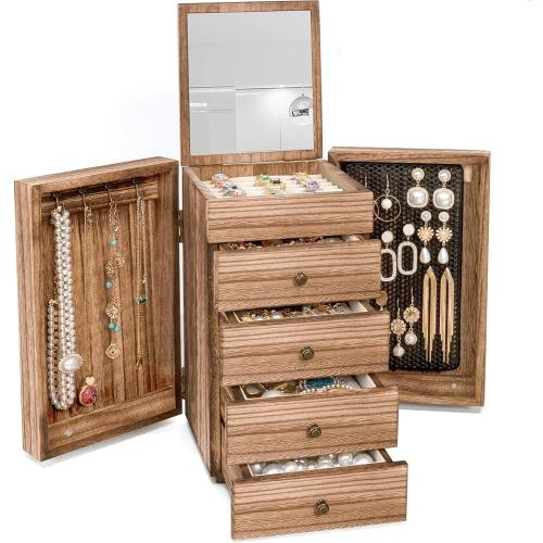 Meangood Jewelry Box Wood for Women, 5-Layer Large Organizer Box with Mirror & 4 Drawers for Rings, Earrings, Necklaces, Vintage Style, Torched Wood