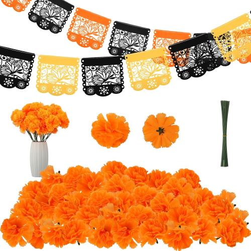 Riceshoot 52 Pieces Day of the Dead Decorations Set Fiesta Artificial Marigold Flower Heads with Stems Monarch Butterfly Felt Mexican Party Banner for Dia De Los Muertos Altar Diwali Decor