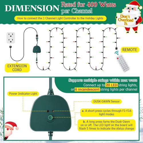 Christmas Light Controller with Remote, Create Dazzling Lighting Displays with Multiple Functions, Timer, Dusk to Dawn Sensor, Adjust Speed for Christmas Outdoor String Light (1 Channel, 16 Functions)