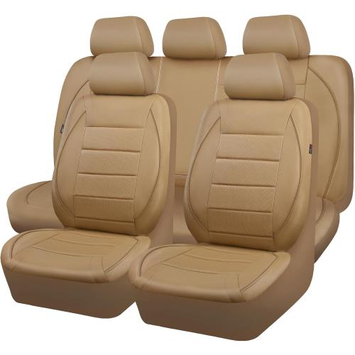 Beige CAR PASS Piping Leather Seat Cover,Universal FIT with Composite Sponge Inside,Airbag Compatible and Reserved Opening Holes,Inside zipper for Cars,Sedan,SUV,Truck(Full Set,Beige with Tan Piping-Stripe)