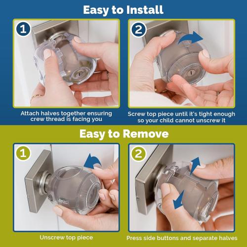 Child Safety Door Knob Cover (4 Pack) Hard-to-Remove Dual-Lock Door Handle Covers for Kids - Reusable Baby Proof Door Knob Locks - Installs Easily, No Tools Needed (Transparent)
