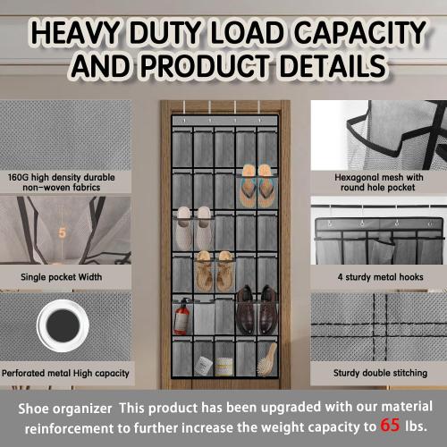 Over the Door Shoe Organizer with 30 Breathable Mesh Pockets - Large Capacity Closet Storage for Men & Women, Hanging Shoe Rack Organizer (Gray)