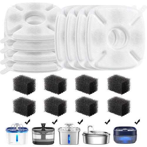 Veken Cat Water Fountain Filter, Classic 8 Pack Replacement Filters & 8 Pack Replacement Pre-Filter Sponges for 50oz, 84oz, 95oz Automatic Pet Fountain Dog Water Dispenser