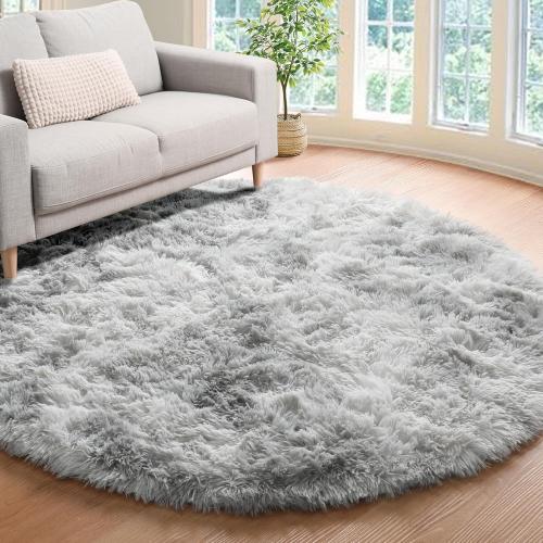 GREY FURRY ONASAR Tie-Dyed Light Grey Round Area Rug 4ft, Ultra Soft Bedroom Circle Rugs for Kids Girls Teen Room, Fluffy Plush Shaggy Carpet Floor Mats for Baby Nursery Living Room Playroom Home Decor