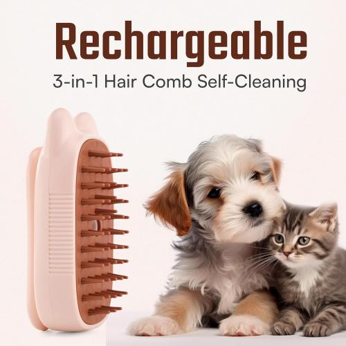 Cat Steam Brush - 2024 New Rechargeable 3-in-1 Hair Comb Self-Cleaning Pet Grooming Tool for Long and Short Hair Cats and Dogs, with Steamy Massage Shedding Relief, Beige