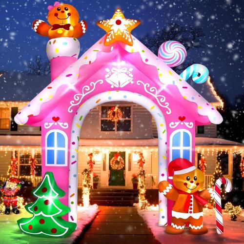 Kalolary 12FT Christmas Inflatable Archway Outdoor Decorations, Pink Christmas Gingerbread Man Inflatable Arch Blow Up Yard Decoration with Build-in LED Lights for Outdoor Yard, Lawn, Garden Decor