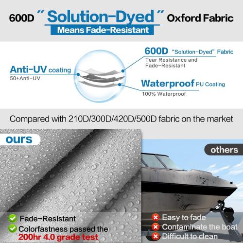 Light Grey Trailerable Boat Cover, 600D Solution-Dyed Bass Boat Cover, Heavy Duty 100% Waterproof Boat Covers Fits V-Hull Runabout Fishing Ski Pro-Style Bass Boats
