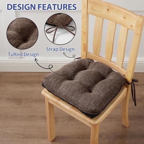 Chair Cushions for Dining Chairs Set of 2, Kitchen Chair Cushions, Chair Pads with Ties and Non Slip Backing, Tufted Memory Foam Seat Cushion 2 Pack, 15.5 x 15.5 x 4, Brown