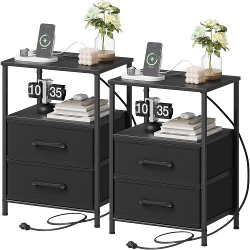 Nightstands Set of 2, Night Stand with Charging Station, Bedside Table with 2 Fabric Drawers for Bedroom, Small Side End Table with Open Shelf, Black