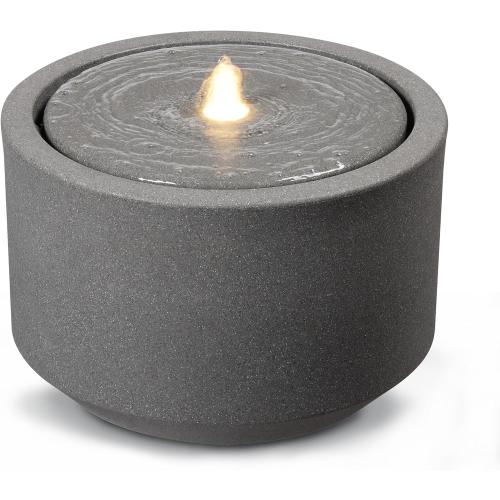 GREY 10.23” H Outdoor Water Fountain Made with Eco-Friendly Recyclable Materials, Polyethylene Round Bubbler Outdoor Fountain, Garden Decor with LED Light for Patio, Porch, Backyard