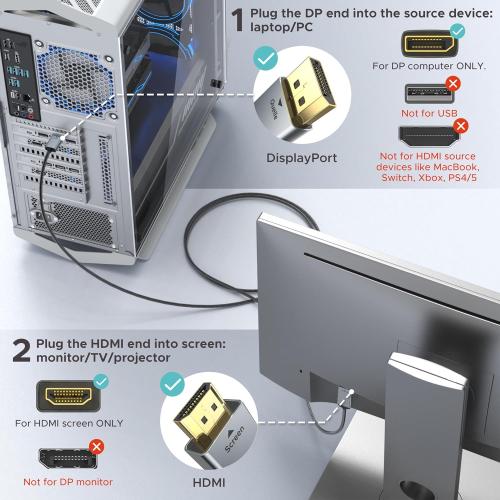 WARRKY 4K DisplayPort to HDMI Cable [UHD, Metal Case, Nylon Cable] 6FT Unidirectional Display Port 1.2 Source to HDMI 1.4 Screen, DP to HDMI Compatible for Computer, NVIDIA, AMD, Dell, Lenovo, Monitor