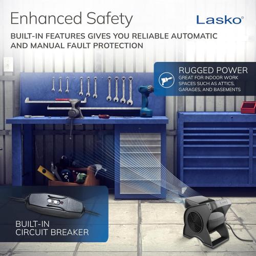 Lasko Portable Utility Fan, 12” 289 CFM Pivoting High Velocity Air Mover Blower Fan, 3 Speeds, 2 Accessory Outlets 120V, Black, U12104 NEEDS CLEANING